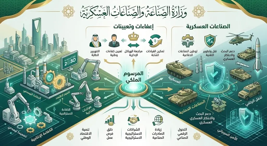 إنفوجرافيك إخباري يوضح تفاصيل الأوامر الملكية الخاصة بوزارة الصناعة وهيئة الصناعات العسكرية، بتصميم يدمج بين الرموز الصناعية والدفاعية.