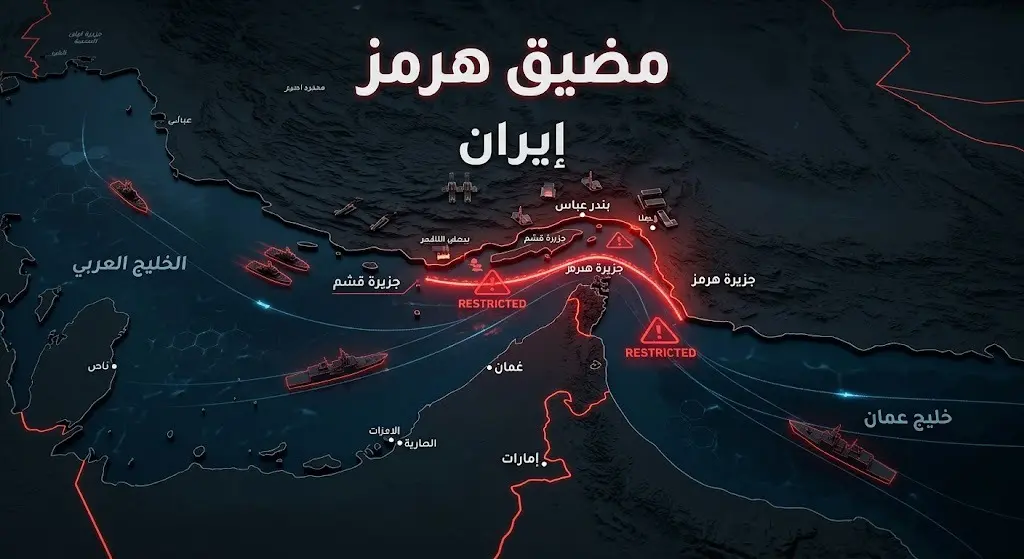 تصميم استراتيجي يبرز موقع مضيق هرمز مع مؤشرات بصرية تعكس إغلاقه والتوترات العسكرية الإقليمية