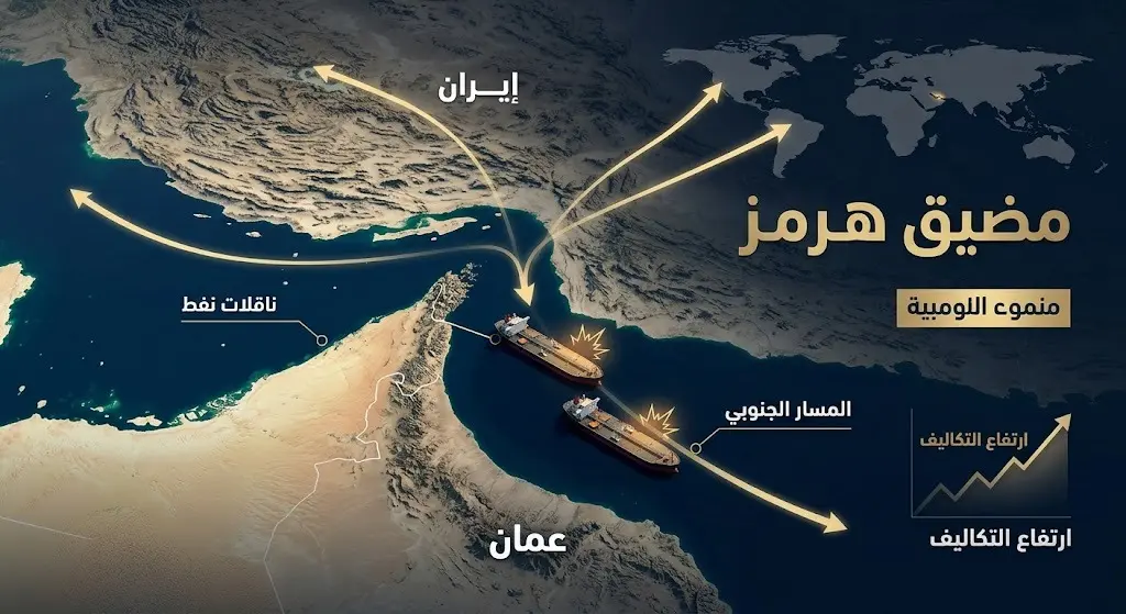 تصميم إنفوجرافيك يوضح موقع مضيق هرمز مع إشارات لتعطل ناقلات نفط في المسار الجنوبي وتأثير ذلك على ارتفاع تكاليف الشحن وسلاسل الإمداد العالمية.