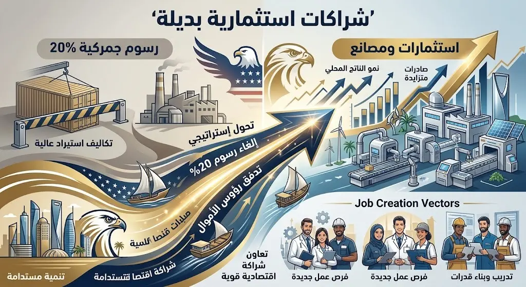 تصميم بياني يبرز التحول من فرض رسوم التعويض إلى توقيع اتفاقيات استثمارية واقتصادية ضخمة بين الولايات المتحدة ودول الخليج.