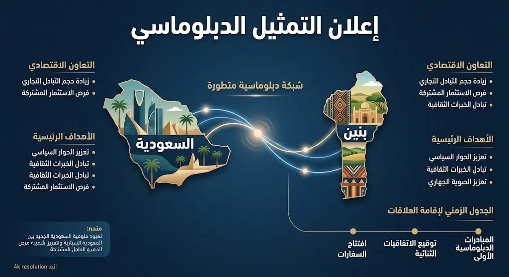 إنفوجرافيك إخباري احترافي يبرز إعلان التمثيل الدبلوماسي الجديد للمملكة العربية السعودية في جمهورية بنين عبر خطوط تواصل دبلوماسية مضيئة.