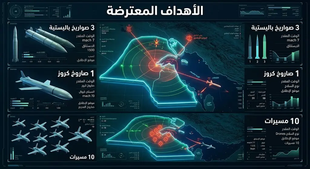 إنفوجرافيك عسكري متطور يعرض إحصائيات دقيقة للأهداف الجوية المعترضة من قبل الجيش الكويتي، تتضمن صواريخ ومسيرات.