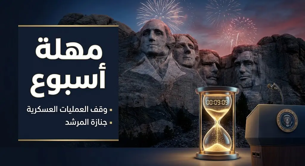 صورة تعبيرية تظهر جبل راشمور مع ساعة رملية ورموز بصرية تشير لمهلة الأسبوع التي منحها ترامب لوقف العمليات العسكرية.