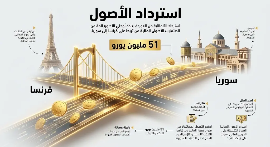إنفوجرافيك ثلاثي الأبعاد يوضح مسار استرداد الأصول المالية السورية من فرنسا بقيمة 51 مليون يورو عبر جسر رقمي مضيء.