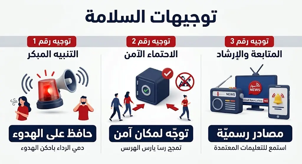إنفوجرافيك يوضح التوجيهات الرسمية لوزارة الداخلية البحرينية للتعامل مع الإنذارات، تتضمن الحفاظ على الهدوء والتوجه لأماكن آمنة ومتابعة المصادر الرسمية.