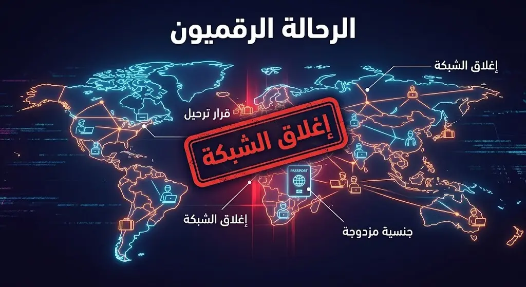 صورة تعبيرية تظهر خريطة رقمية لشبكات الرحالة الرقميين تتقاطع مع أختام هجرة حمراء تمثل المنع والترحيل