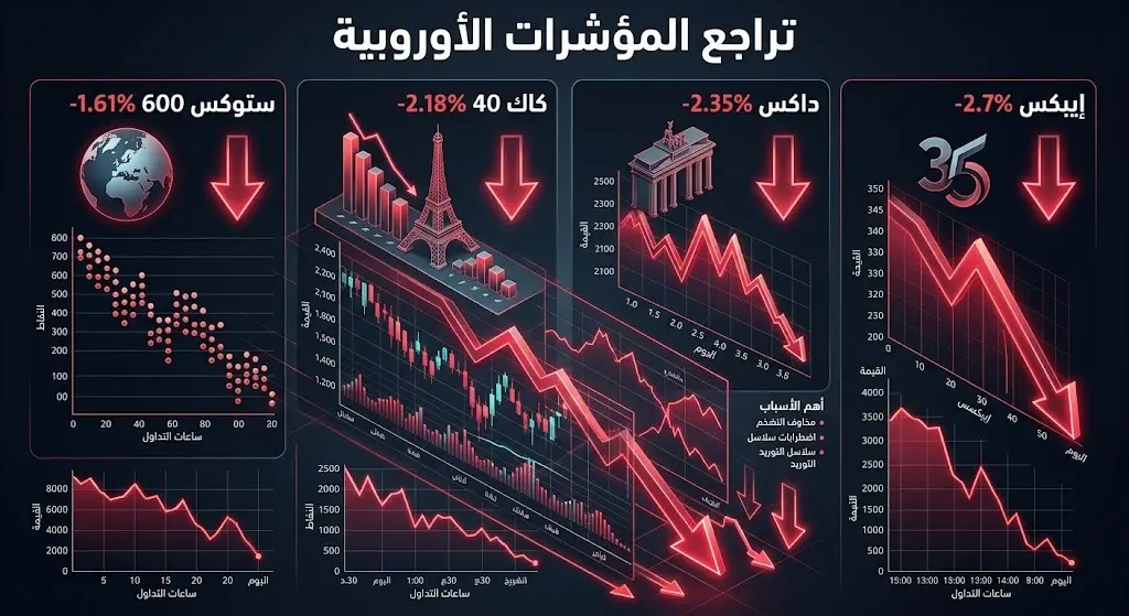 إنفوجرافيك مالي يوضح نسب تراجع المؤشرات الأوروبية الرئيسية باللون الأحمر