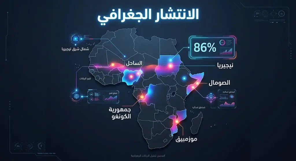 إنفوجرافيك لخريطة إفريقيا يوضح تمركز 86 بالمئة من نشاط التنظيم في القارة مع إبراز بؤر الانتشار في الساحل ونيجيريا والصومال.