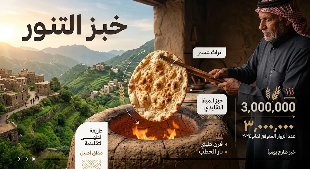 تصميم بصري يجمع بين صورة لخبز التنور التراثي وعناصر إنفوجرافيك حديثة تبرز الإقبال السياحي في منطقة عسير