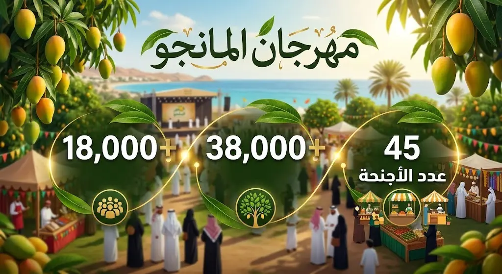 إنفوجرافيك يستعرض أرقام مهرجان المانجو بأملج متضمناً عدد الزوار والأشجار والمشاركين