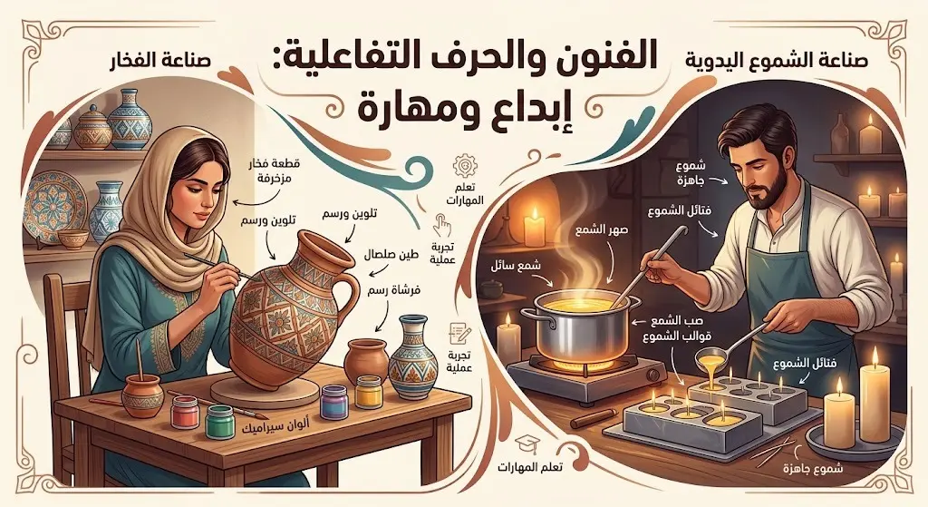صورة تعبيرية وتوضيحية تبرز الحرف اليدوية التفاعلية كصناعة الفخار والشموع اليدوية