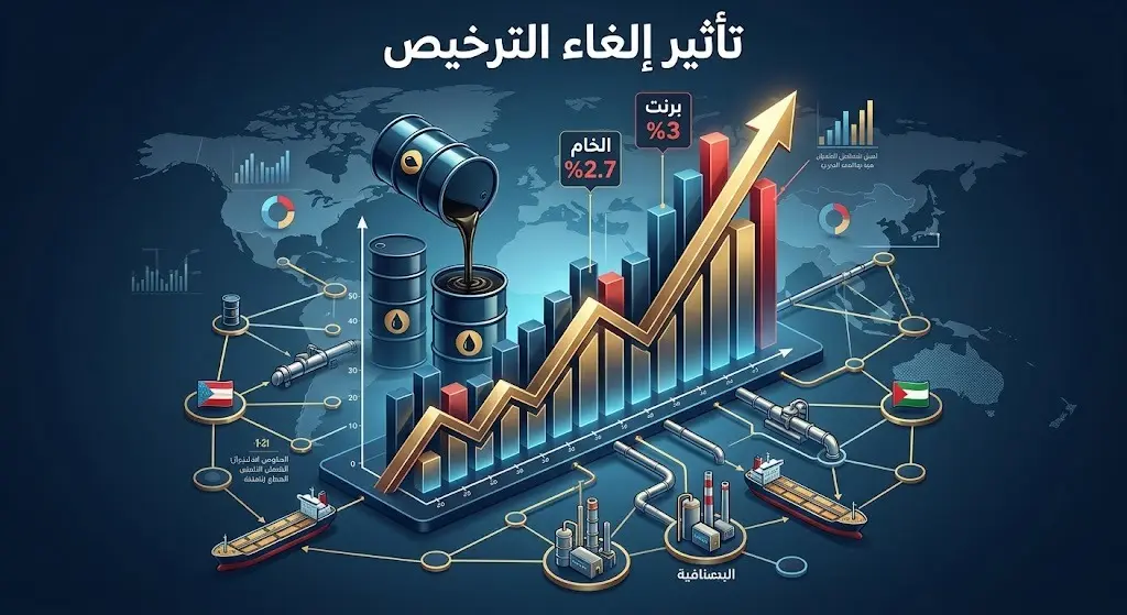 إنفوجرافيك يوضح تداعيات إلغاء الترخيص الأمريكي على أسواق النفط وارتفاع أسعار خام برنت والخام الأمريكي.
