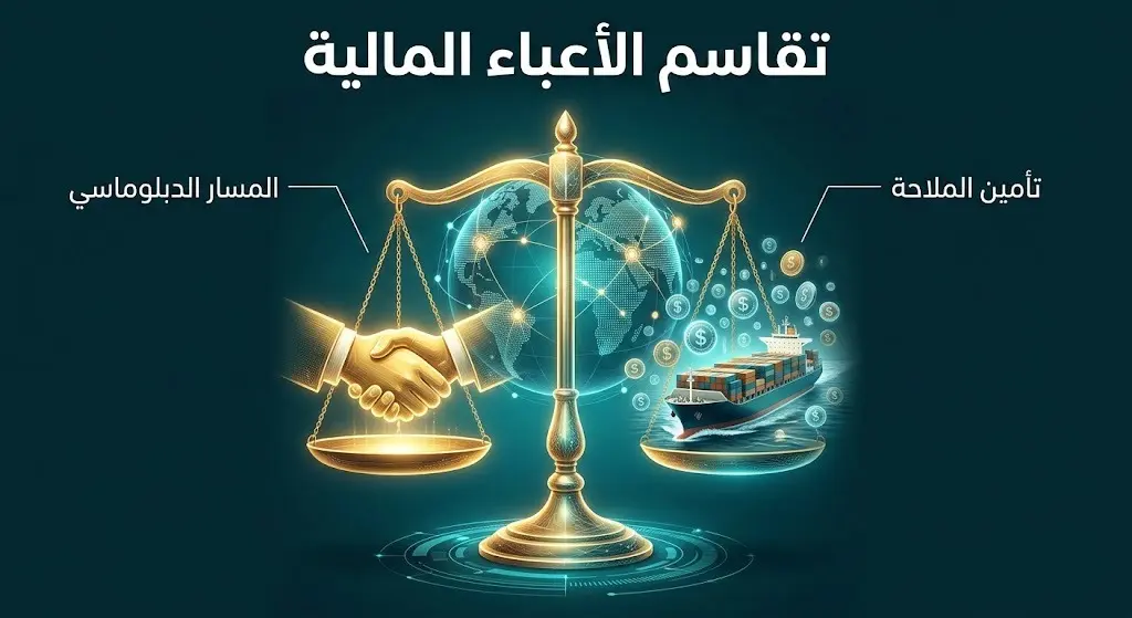 تصميم تحليلي يجسد التوازن بين المساعي الدبلوماسية للسلام وتوزيع الأعباء المالية لحماية الملاحة البحرية العالمية.