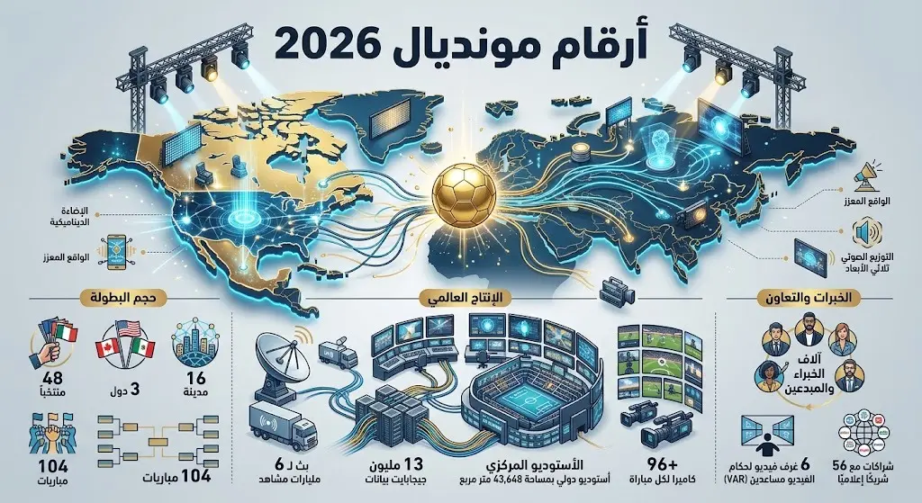 إنفوجرافيك عصري يوضح خريطة أمريكا الشمالية المضيئة مع إحصائيات بطولة 2026 التي تشمل 48 منتخباً و16 مدينة في 3 دول مضيفة.