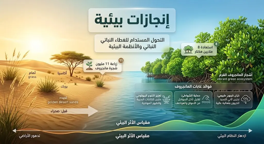 تصميم بصري إبداعي يبرز التحول البيئي الإيجابي والإنجازات المحققة على أرض الواقع، كزراعة أشجار المانجروف واستعادة ملايين الهكتارات.