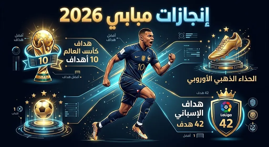 بطاقة معلومات رياضية بتصميم إبداعي تستعرض الأرقام الفردية لكيليان مبابي في موسم 2026، تتضمن الفوز بلقب هداف كأس العالم برصيد 10 أهداف، والحذاء الذهبي الأوروبي، ولقب هداف الدوري الإسباني بـ 42 هدفاً.