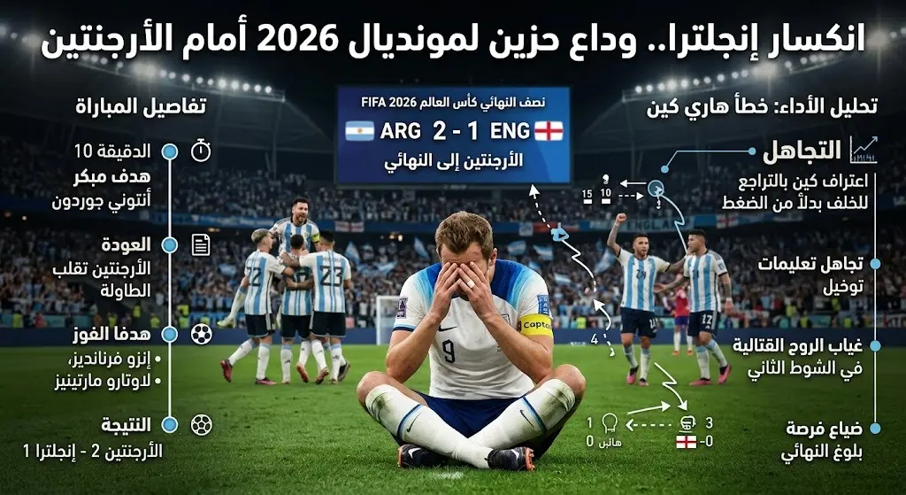 إنجلترا تودع كأس العالم 2026 أمام الأرجنتين.. وكين يعترف بتجاهل تعليمات توخيل