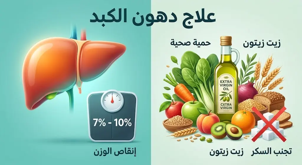 تصميم إنفوجرافيك يوضح طرق علاج دهون الكبد عبر إنقاص الوزن بنسبة 7 إلى 10 بالمئة واتباع حمية البحر المتوسط الغنية بالخضراوات وزيت الزيتون وتجنب السكريات.