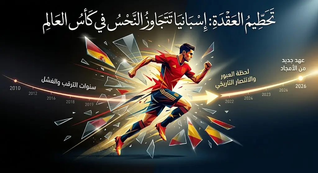 تصميم تعبيري يجسد كسر المنتخب الإسباني لعقدة الأدوار الإقصائية المستمرة منذ تتويجه بلقب كأس العالم 2010، مع إبراز عامي 2010 و2026.