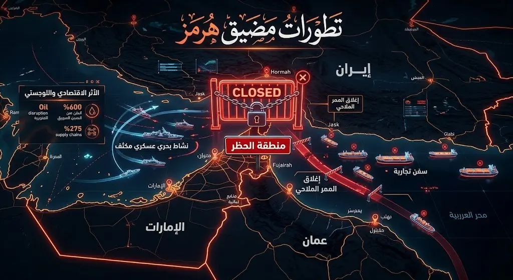إنفوجرافيك يوضح التطورات العسكرية في مضيق هرمز وإغلاقه أمام الملاحة.