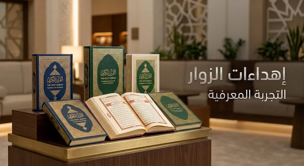صورة فنية تظهر النسخ المترجمة والفاخرة من القرآن الكريم كإهداءات لزوار المجمع.