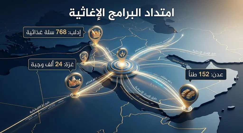 تصميم مرئي يستعرض خريطة امتداد البرامج الإغاثية لتشمل توزيع السلال الغذائية في إدلب، والوجبات الساخنة في غزة، والمساعدات الغذائية في عدن.