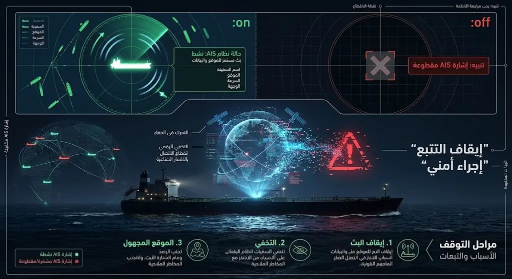 تصميم تعبيري يظهر شاشة رادار بحري تنطفئ إشارات التتبع عليها، كدلالة على إخفاء الناقلات لمواقعها كإجراء أمني.