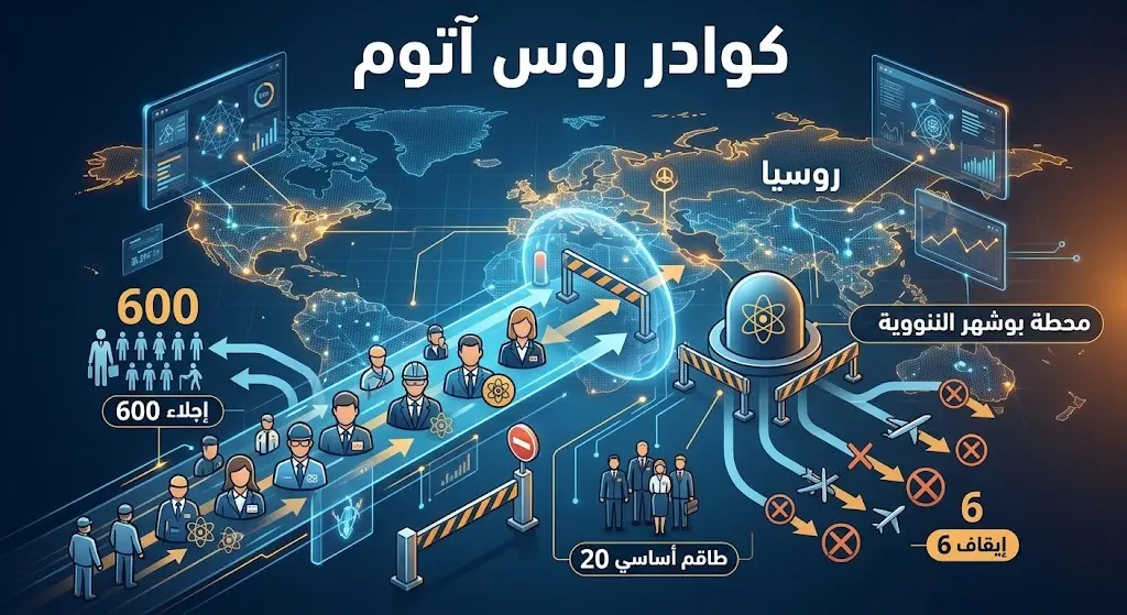 إنفوجرافيك يوضح إحصائيات الكوادر الروسية التابعة لشركة روس آتوم وتوزيعهم في إيران إثر التطورات الأخيرة.