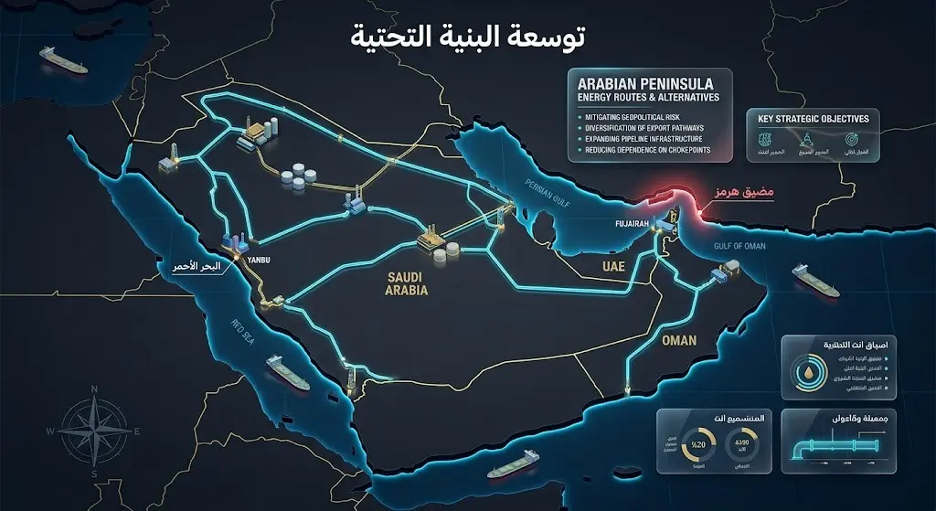 خريطة إنفوجرافيك إبداعية توضح خطوط أنابيب النفط في شبه الجزيرة العربية لتجاوز مضيق هرمز باتجاه البحر الأحمر والفجيرة.