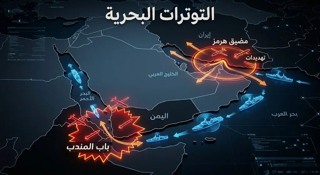 رسم توضيحي تكتيكي يظهر خريطة الشرق الأوسط مع تركيز الإضاءة التحذيرية باللونين الأحمر والبرتقالي على مضيقي هرمز وباب المندب، مصحوباً بأيقونات تمثل التهديدات العسكرية البحرية.