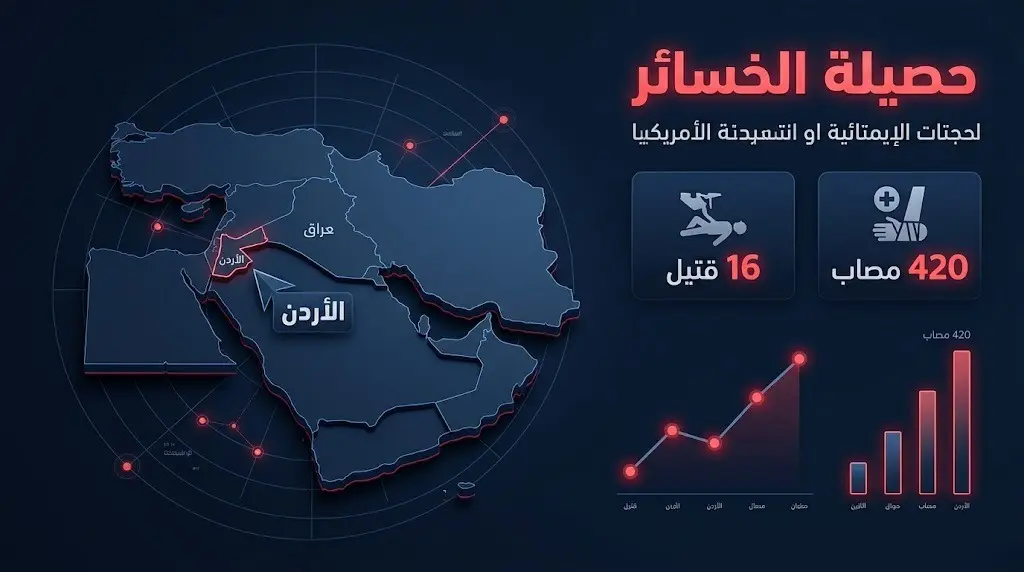 إنفوجرافيك احترافي يوضح مواقع الهجمات الأخيرة وحصيلة الخسائر والإصابات في صفوف القوات الأمريكية
