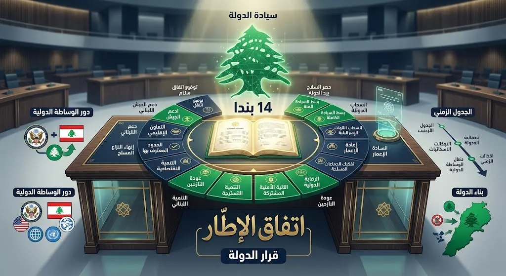 تصميم إنفوجرافيك يمثل اتفاق الإطار واحتكار الدولة اللبنانية لقرار التفاوض السياسي