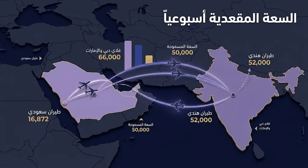 إنفوجرافيك بياني يعرض مقارنة السعة المقعدية الأسبوعية لشركات الطيران بين منطقة الخليج والهند، ويسلط الضوء على حصة الشركات السعودية والهندية بموجب الاتفاقيات الثنائية.
