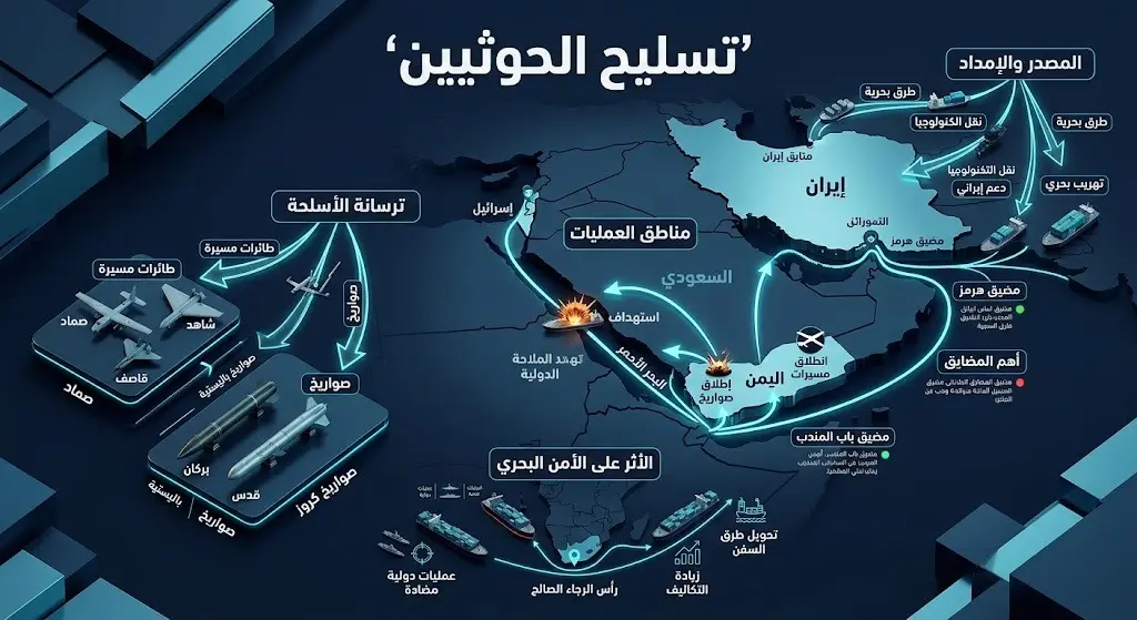 إنفوجرافيك يوضح مسارات تسليح الحوثيين وتأثيرها على الملاحة البحرية في المنطقة.