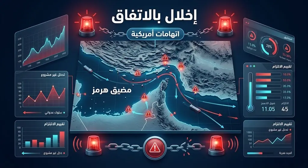تصميم إخباري وإنفوجرافيك يوضح الاتهامات الأمريكية لإيران بالإخلال بشروط الاتفاق المؤقت وتهديد الملاحة في مضيق هرمز