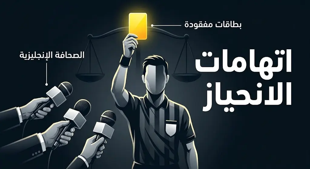 تصميم إنفوجرافيك تعبيري يظهر حكماً يرفع بطاقة صفراء محاطاً بميكروفونات الصحافة مع نصوص عربية تشير لاتهامات الانحياز.
