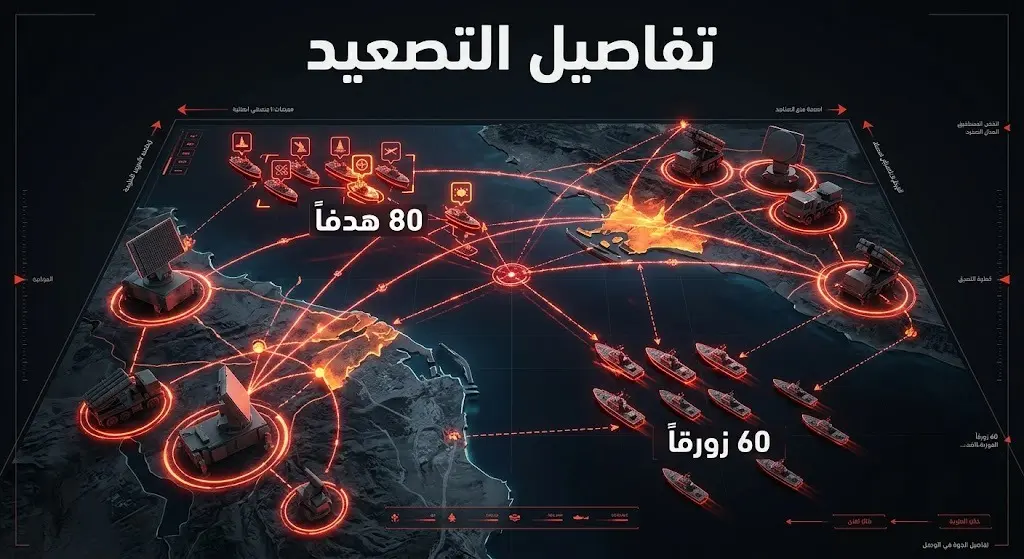 تصميم فني لإنفوجرافيك عسكري يبرز الأهداف التي شملها التصعيد مثل منظومات الرادار والزوارق الحربية