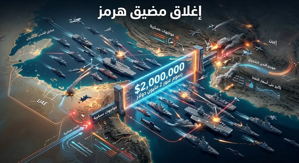 تصميم جيوسياسي يعبر عن إغلاق مضيق هرمز بالكامل، مع إبراز التوترات العسكرية وفرض رسوم عبور باهظة بقيمة مليوني دولار، مدعوماً ببيانات ونصوص عربية دقيقة.