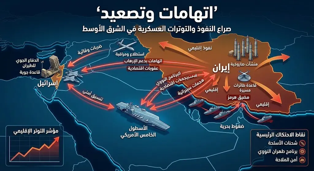 رسم توضيحي جيوسياسي يبرز خريطة التوترات الإقليمية وتصاعد الهجمات في منطقة الخليج.