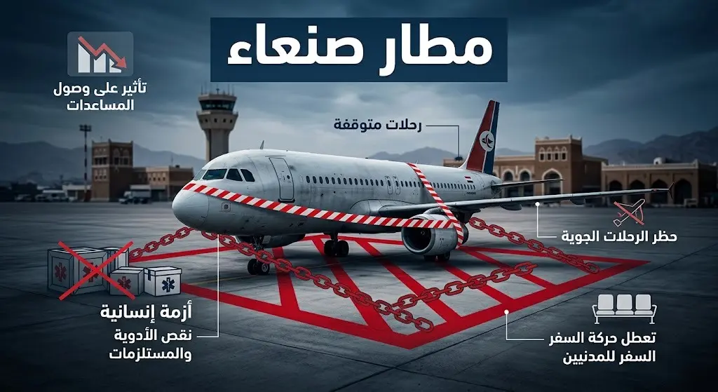 تصميم تعبيري يظهر طائرة ركاب مدنية متوقفة ومحاطة بحواجز رمزية تعبيراً عن تعطل الرحلات في مطار صنعاء.