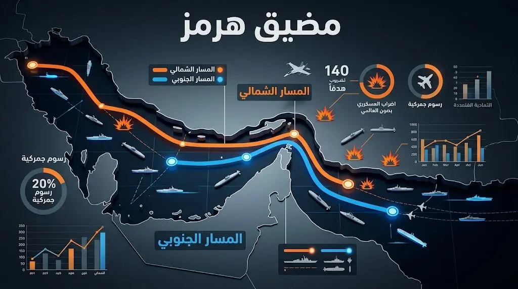 إنفوجرافيك صحفي لخرائط مضيق هرمز يوضح مسارات الملاحة الشمالية والجنوبية المتنازع عليها، مع إحصائيات للضربات العسكرية والرسوم المفروضة.
