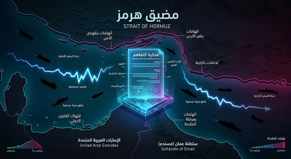 إنفوجرافيك تعبيري يعرض خريطة مضيق هرمز ومذكرة التفاهم وسط توترات جيوسياسية متصاعدة، مزود بتسميات عربية دقيقة.