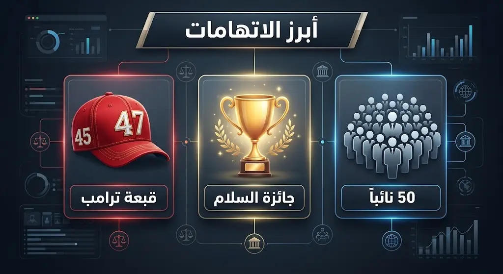 إنفوجرافيك يستعرض أبرز الاتهامات الموجهة لإنفانتينو مثل ارتداء قبعة 45 و47 ومنح جائزة الفيفا للسلام لترامب ودعم 50 نائباً أوروبياً.
