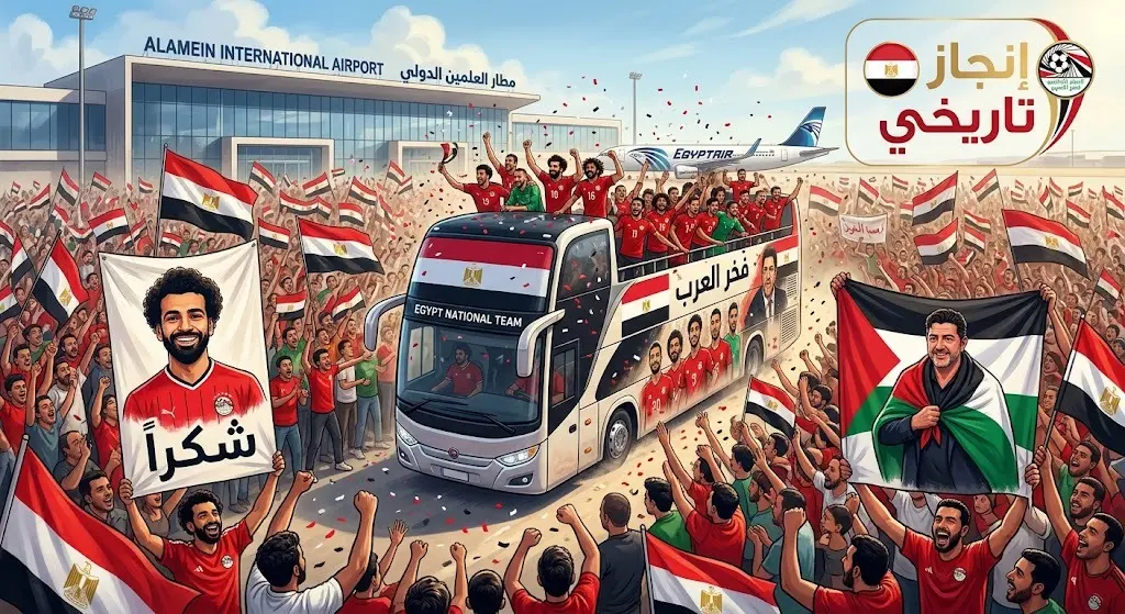 حشود جماهيرية غفيرة تحتفل ببعثة المنتخب المصري لكرة القدم في مطار العلمين وسط رفع الأعلام ولافتات شكر للاعبين.