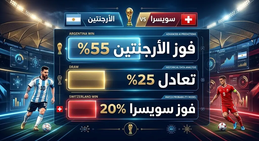 إنفوجرافيك يوضح احتمالات فوز الأرجنتين وسويسرا وفقاً لتوقعات الذكاء الاصطناعي، حيث تتصدر الأرجنتين بنسبة 55%.