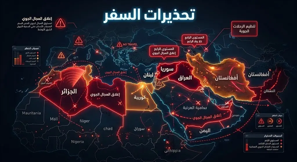 تصميم بياني يوضح خريطة الشرق الأوسط مع إبراز مناطق التحذيرات والمجالات الجوية المتأثرة.