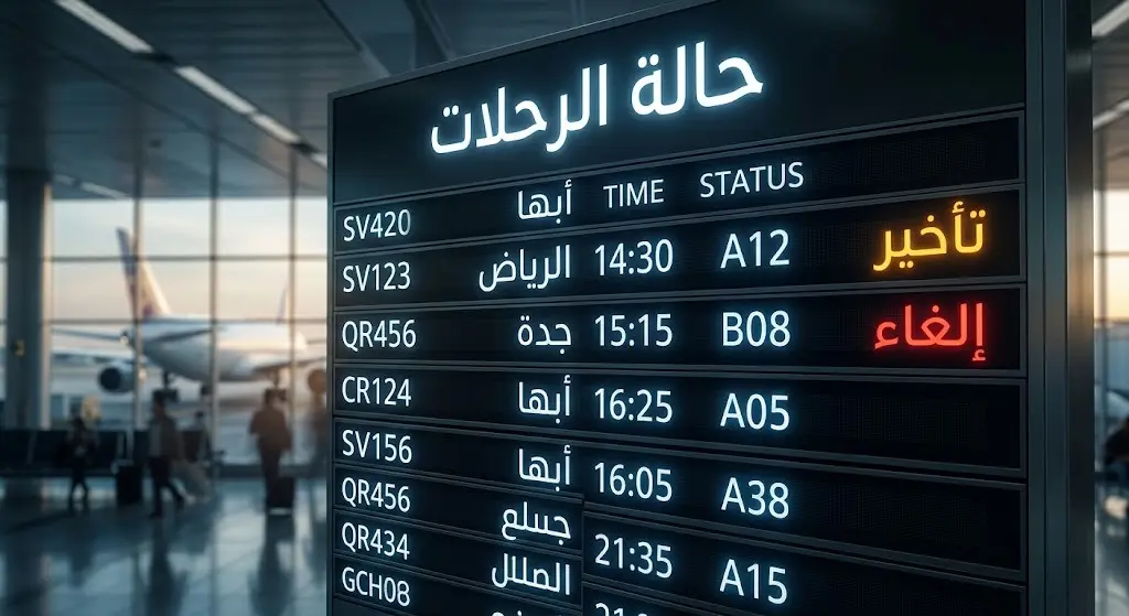 لوحة عرض رحلات رقمية في مطار تظهر حالات تأخير وإلغاء لرحلات متجهة لبعض المدن، تعبيراً عن التغييرات التشغيلية المفاجئة.