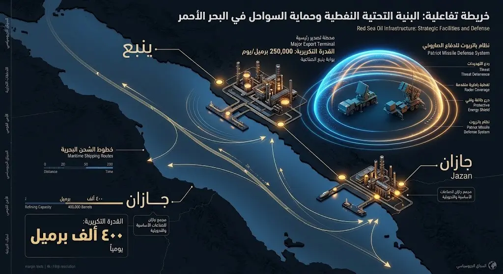 إنفوجرافيك يوضح مواقع المنشآت النفطية في مدينتي جازان وينبع على البحر الأحمر وأنظمة الدفاع الجوي.