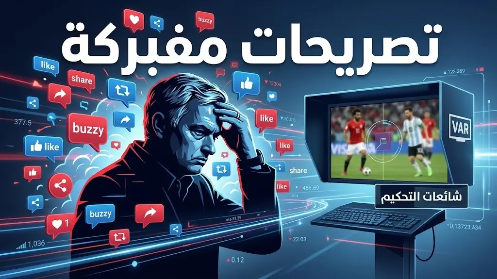 تصميم تعبيري يجسد انتشار الشائعات والتصريحات المفبركة المنسوبة لمورينيو عبر منصات التواصل الاجتماعي حول تقنية الفيديو.