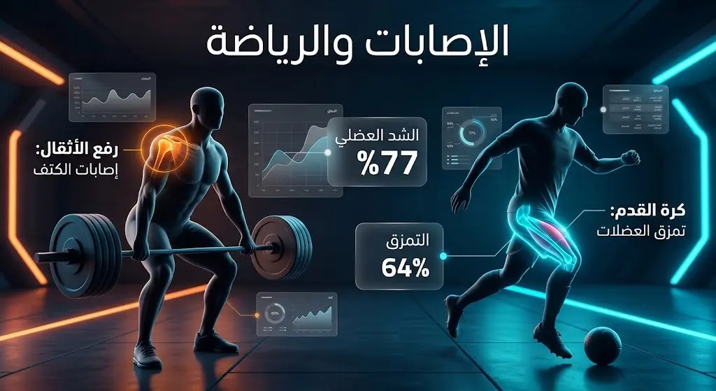 إنفوجرافيك احترافي يوضح العلاقة بين نوع الرياضة وأكثر الإصابات شيوعاً مثل إصابات الكتف لرافعي الأثقال والتمزق العضلي للاعبي كرة القدم مع نسب مئوية دقيقة.